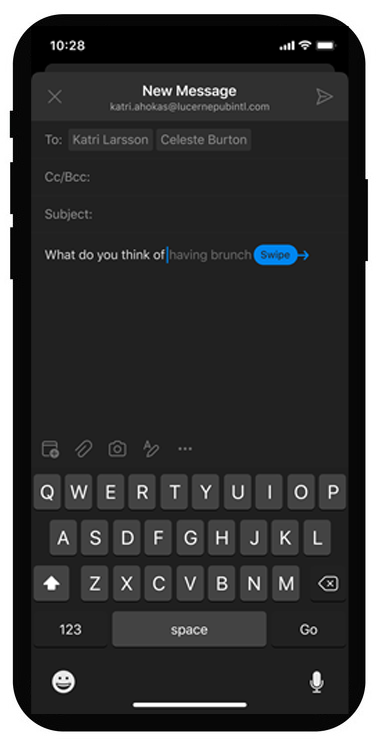 Captura de pantalla que muestra la característica de texto predictivo en Outlook para iOS.