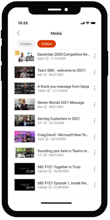 Captura de pantalla que muestra vídeos en la aplicación de Office para iOS