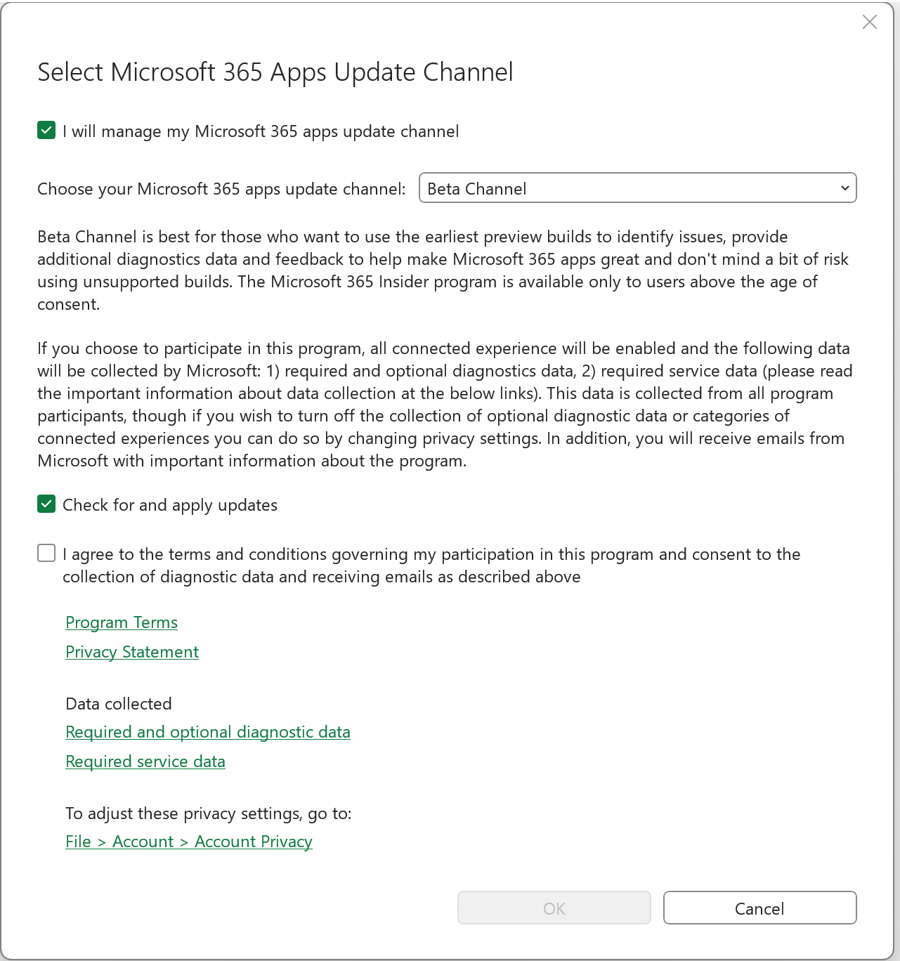 Screenshot showing Channel Selection in Microsoft 365 app