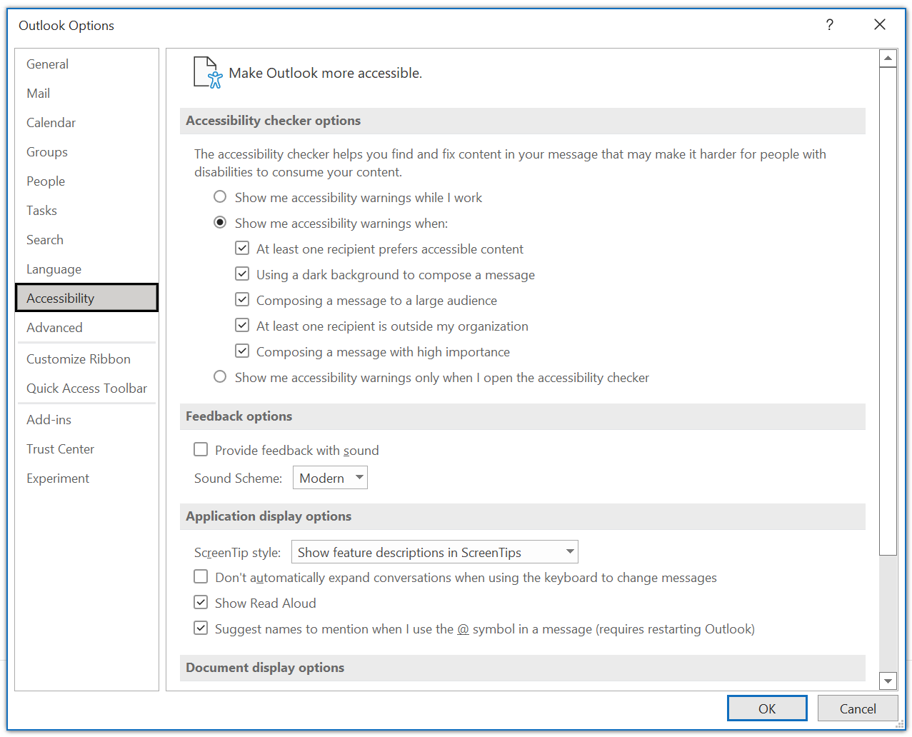 Outlook Options dialog box with Accessibility section selected