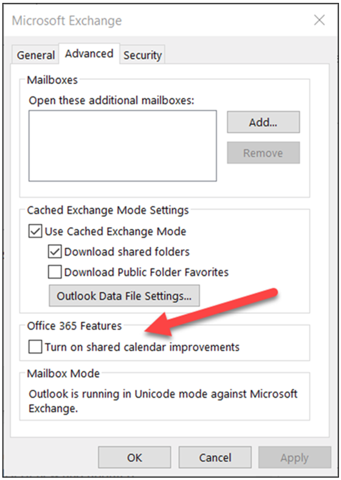 Turn on shared calendars improvements check box in Microsoft Exchange dialog box