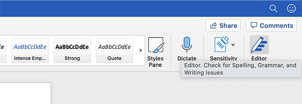 Ribbon in Word for the Mac with Editor feature selected