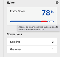 Editor Pane in Word for Mac showing Editor Score card with hover text.