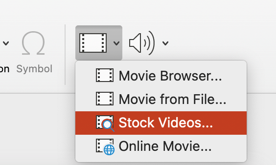 Screenshot showing how to insert stock videos in Office for Mac.