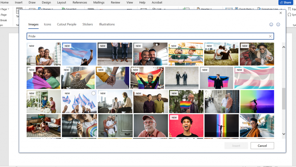 Pride-themed images available in stock images in Word