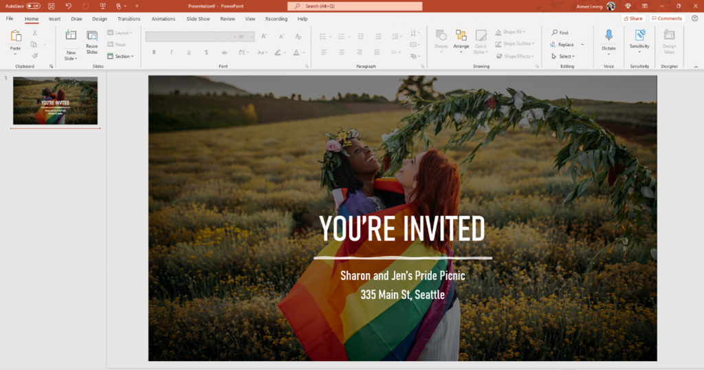 Pride-themed party invitation in PowerPoint