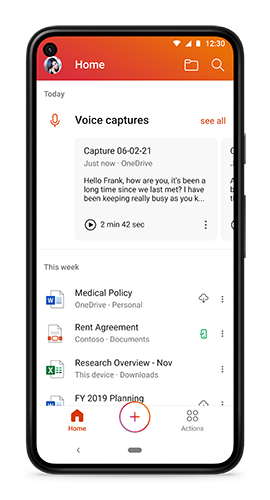 Office for Android home screen with voice capture recordings shown