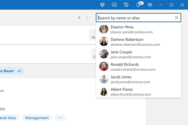 Screenshot showing search function in Org Explorer app in Outlook