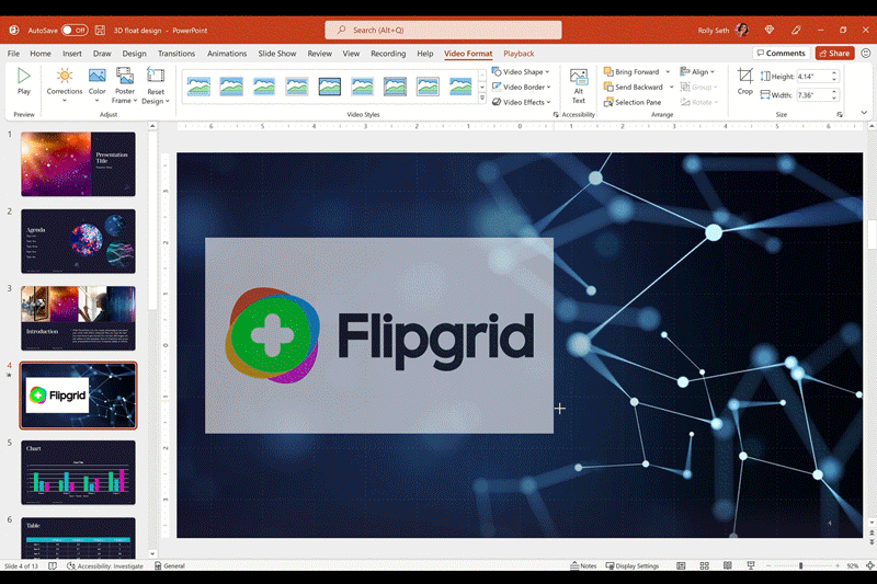 GIF showing how to resize a Flipgrid video in a Windows PowerPoint presentation