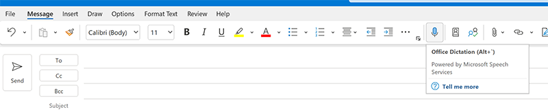 Screenshot showing Dictate button in an Outlook message.