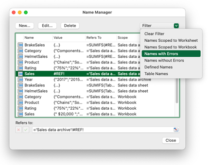 Name Manager dialog box with Names with Errors setting highlighted in Excel for Mac