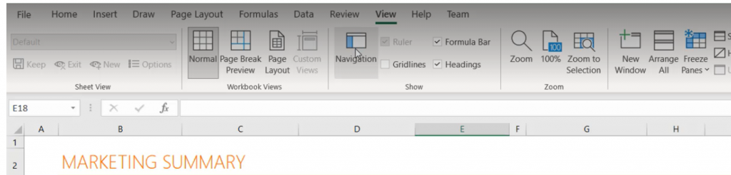 View tab in Excel for Windows showing Navigation button.