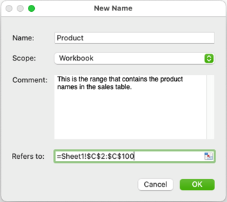 Define Name (New Name) dialog box in Excel for Mac