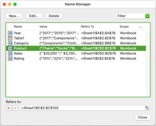 Name Manager dialog box in Excel for Mac