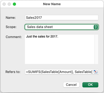 The Scope field in the Define Name (New Name) dialog box in Excel for Mac