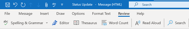 Screenshot showing Spelling & Grammar button on Outlook Review tab.
