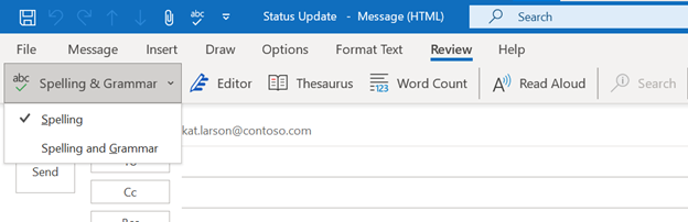 Screenshot showing dropdown menu under Spelling & Grammar button in Outlook message.
