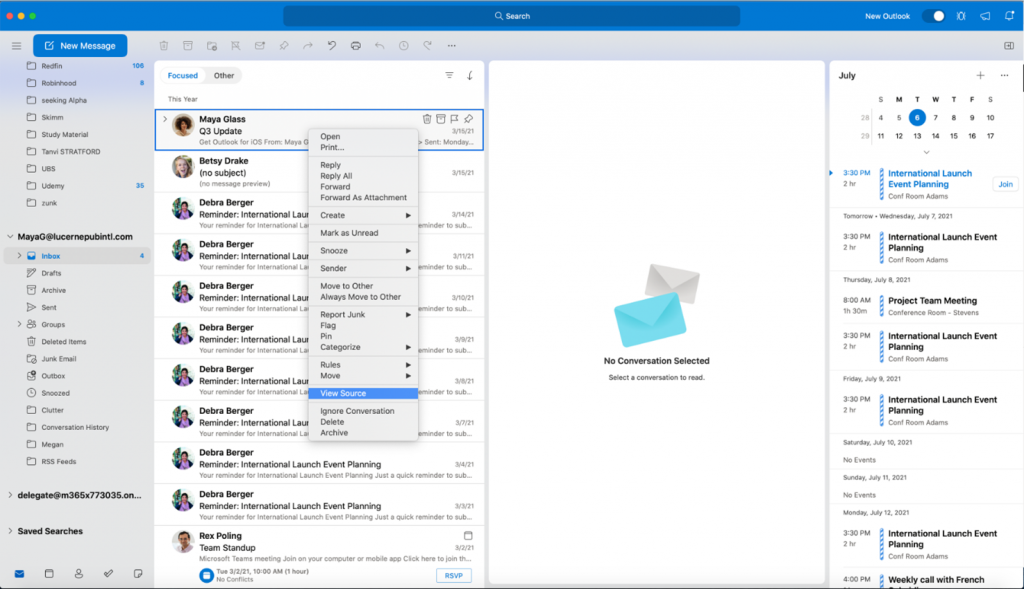 Screenshot showing View Source option for Outlook on Mac