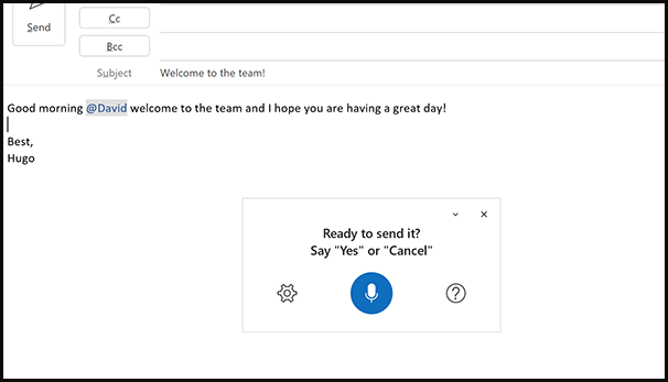 Screenshot showing the "send email" voice command feature in Outlook's email dictation functionality
