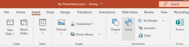 Screenshot of PowerPoint ribbon showing Icons insertion point