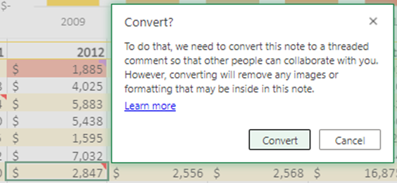 Screenshot showing the confirmation message in Excel for the web when converting a note to a comment.
