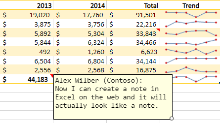 Screenshot showing what a note looks like when created in Excel for the web.