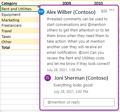 Screenshot showing a threaded comment in Excel