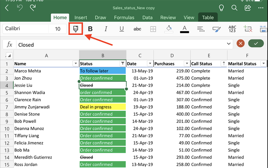 Screenshot showing Format Painter button in Excel for tablets.