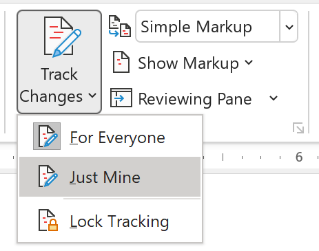 Screenshot showing Just Mine UI in Word for Track Changes.