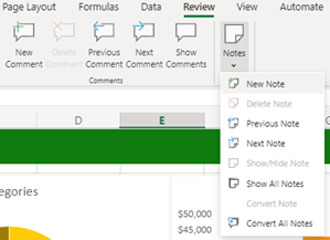 Screenshot showing how to manage notes with dropdown menu commands on Excel for the web.
