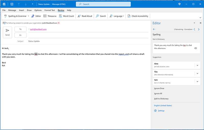 Screenshot showing Spelling and Grammar pane in Outlook for quick review.