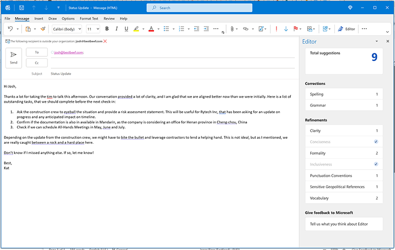 Screenshot showing the full Editor pane in Outlook for full language review.