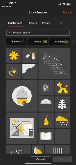 Screenshot of premium content library in Office Mobile for iOS showing illustration options.