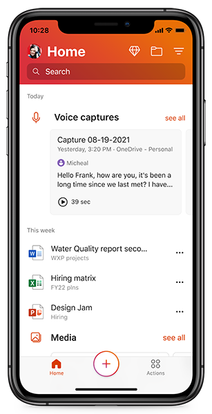 Screenshot of voice capture interface with voice cards on home in Office Mobile for iOS