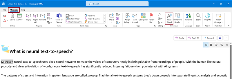 Screenshot showing Read Aloud feature in Outlook.