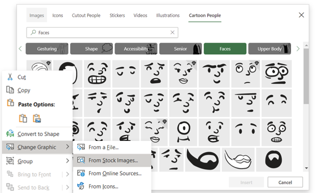 Screenshot showing cartoon people editing options in Office premium content library.