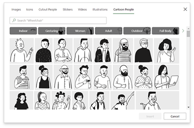 Screenshot showing selection screen for Cartoon People graphics available in Office apps.