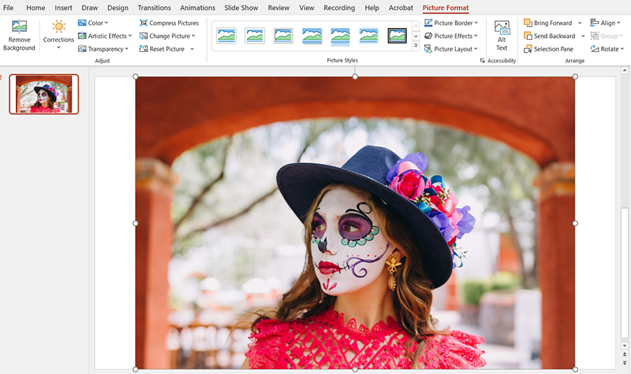 Screenshot of PowerPoint presentation with Day of the Dead image inserted