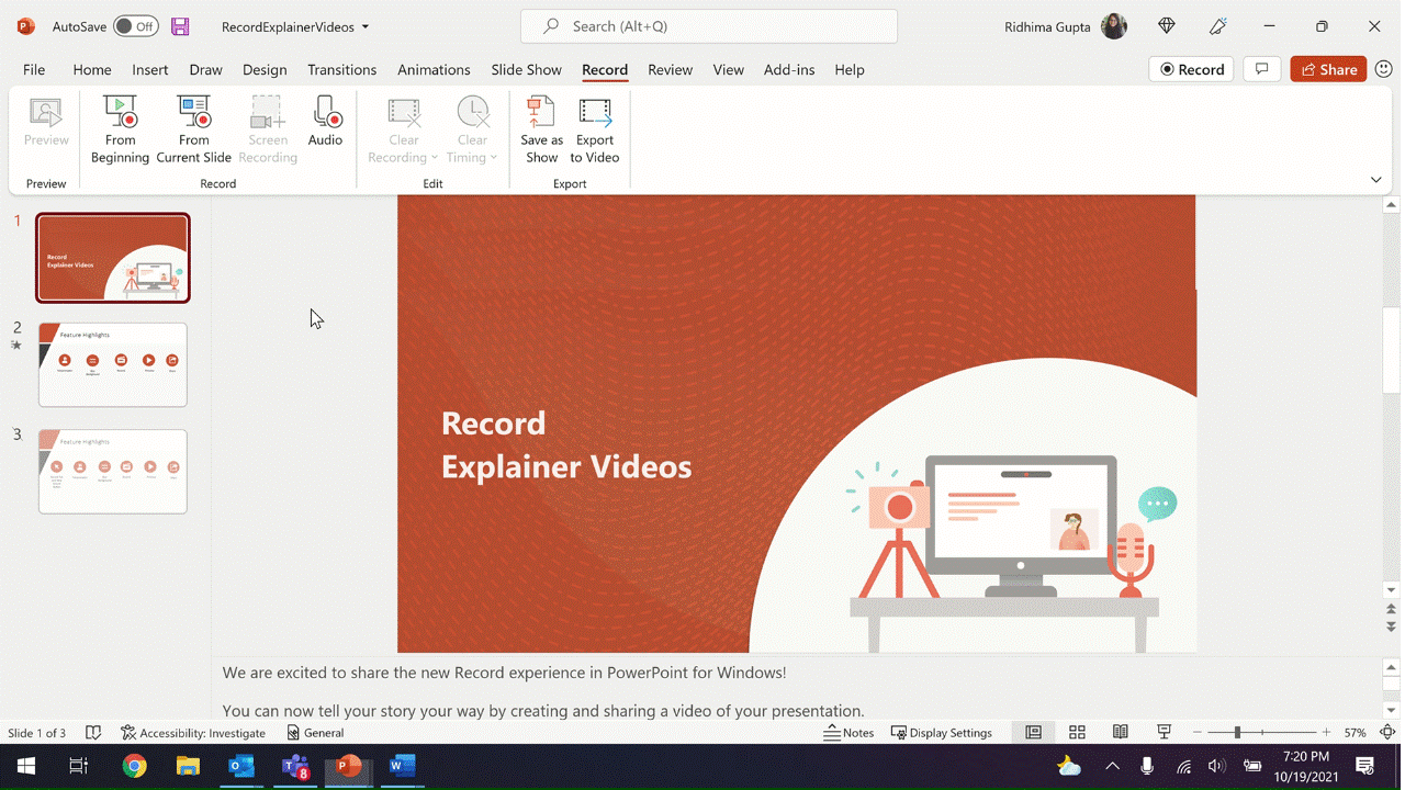 显示 PowerPoint 中完整录制视频体验的 GIF。