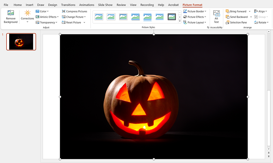 Screenshot of PowerPoint presentation with Halloween image inserted