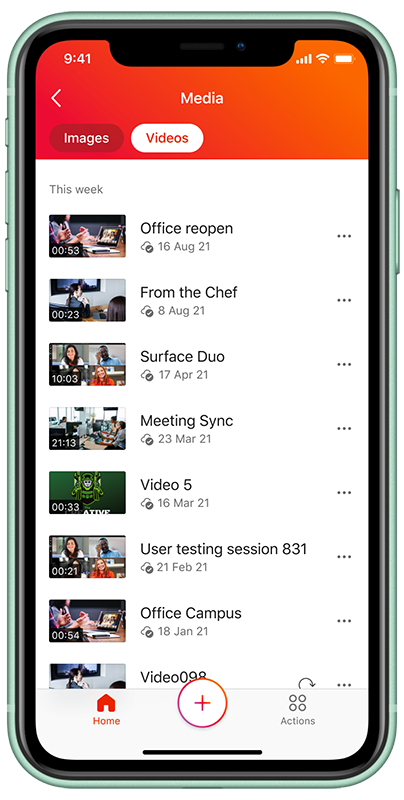 iOS Office Mobile media list with Videos tab showing videos to watch.