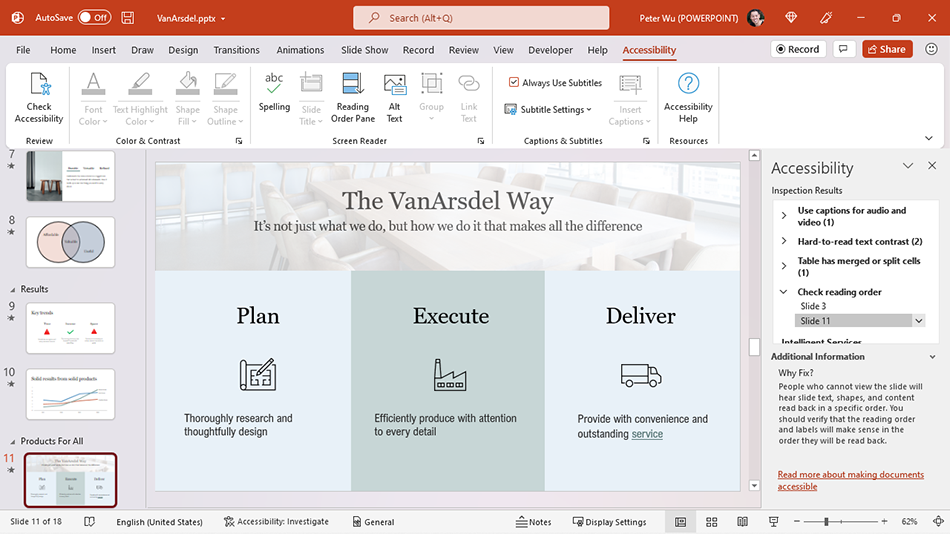 Screenshot showing the Accessibility ribbon in PowerPoint.