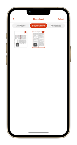 Screenshot showing Bookmarked pages tab in a PDF in Office Mobile for iOS.