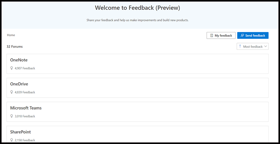 Welcome page for Feedback for Microsoft 365 experience.