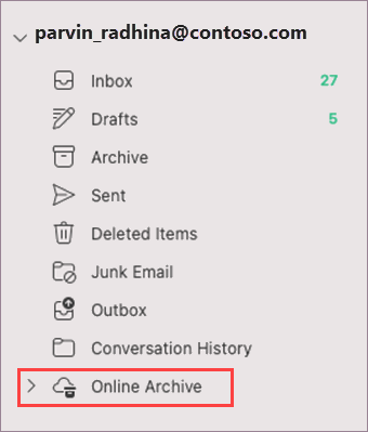 Screenshot showing the Online Archive option in Outlook for Mac