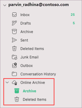 Screenshot showing the expanded Online Archive in Outlook for Mac