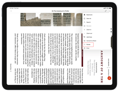 Screenshot showing the Rotate option in a PDF in Office Mobile for iPad.