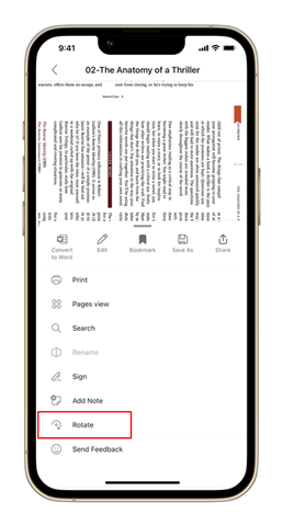 Screenshot showing the Rotate option in a PDF in Office Mobile for iPhone.