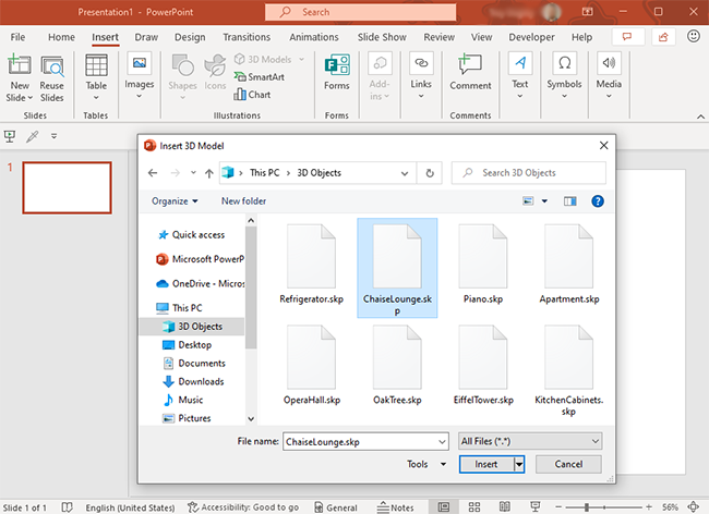 Screenshot showing insertion of SketchUp files into a PowerPoint presentation.