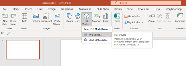 Screenshot showing the Insert 3D models button on the Insert ribbon in PowerPoint